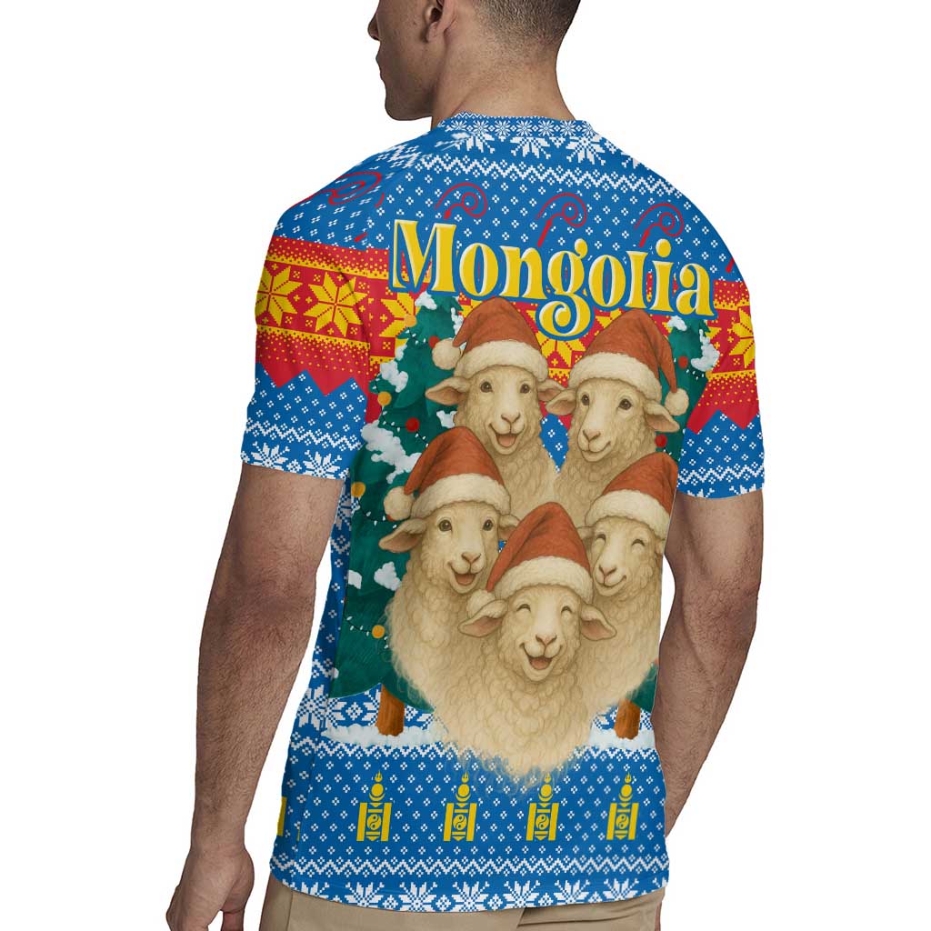 Mongolia Christmas Rugby Jersey with Santa Sheep Christmas Trees and Snowflake - Wonder Print Shop