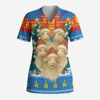 Mongolia Christmas Scrub Top with Santa Sheep Christmas Trees and Snowflake - Wonder Print Shop