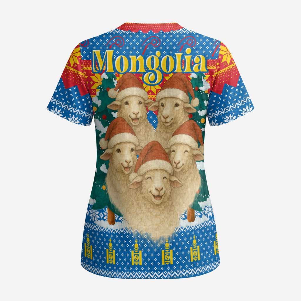 Mongolia Christmas Scrub Top with Santa Sheep Christmas Trees and Snowflake - Wonder Print Shop