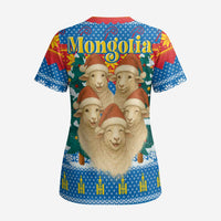 Mongolia Christmas Scrub Top with Santa Sheep Christmas Trees and Snowflake - Wonder Print Shop