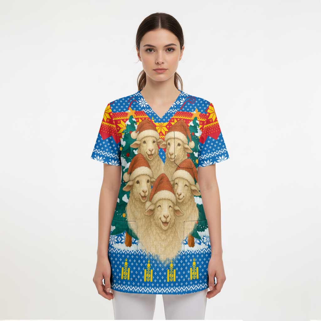 Mongolia Christmas Scrub Top with Santa Sheep Christmas Trees and Snowflake - Wonder Print Shop