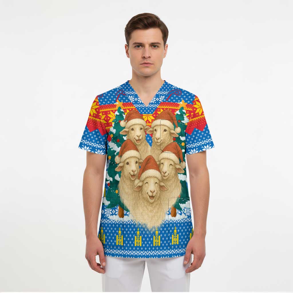 Mongolia Christmas Scrub Top with Santa Sheep Christmas Trees and Snowflake - Wonder Print Shop