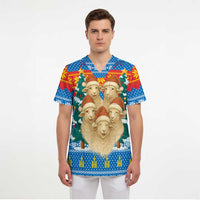 Mongolia Christmas Scrub Top with Santa Sheep Christmas Trees and Snowflake - Wonder Print Shop