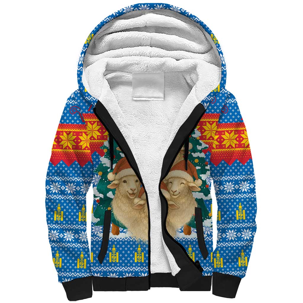 Mongolia Christmas Sherpa Hoodie with Santa Sheep Christmas Trees and Snowflake - Wonder Print Shop