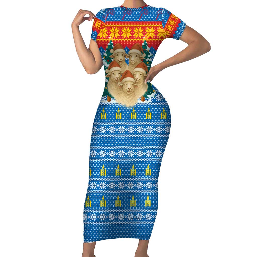 Mongolia Christmas Short Sleeve Bodycon Dress with Santa Sheep Christmas Trees and Snowflake - Wonder Print Shop