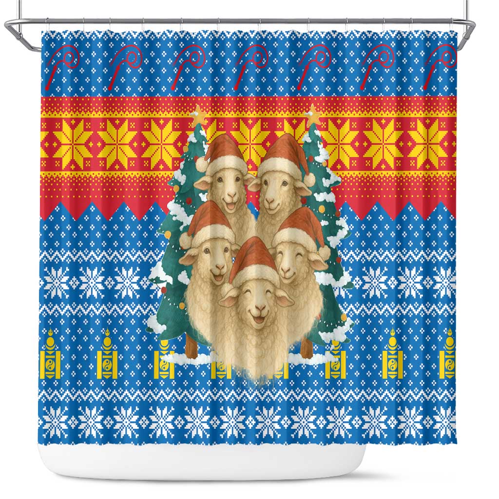 Mongolia Christmas Shower Curtain with Santa Sheep Christmas Trees and Snowflake - Wonder Print Shop