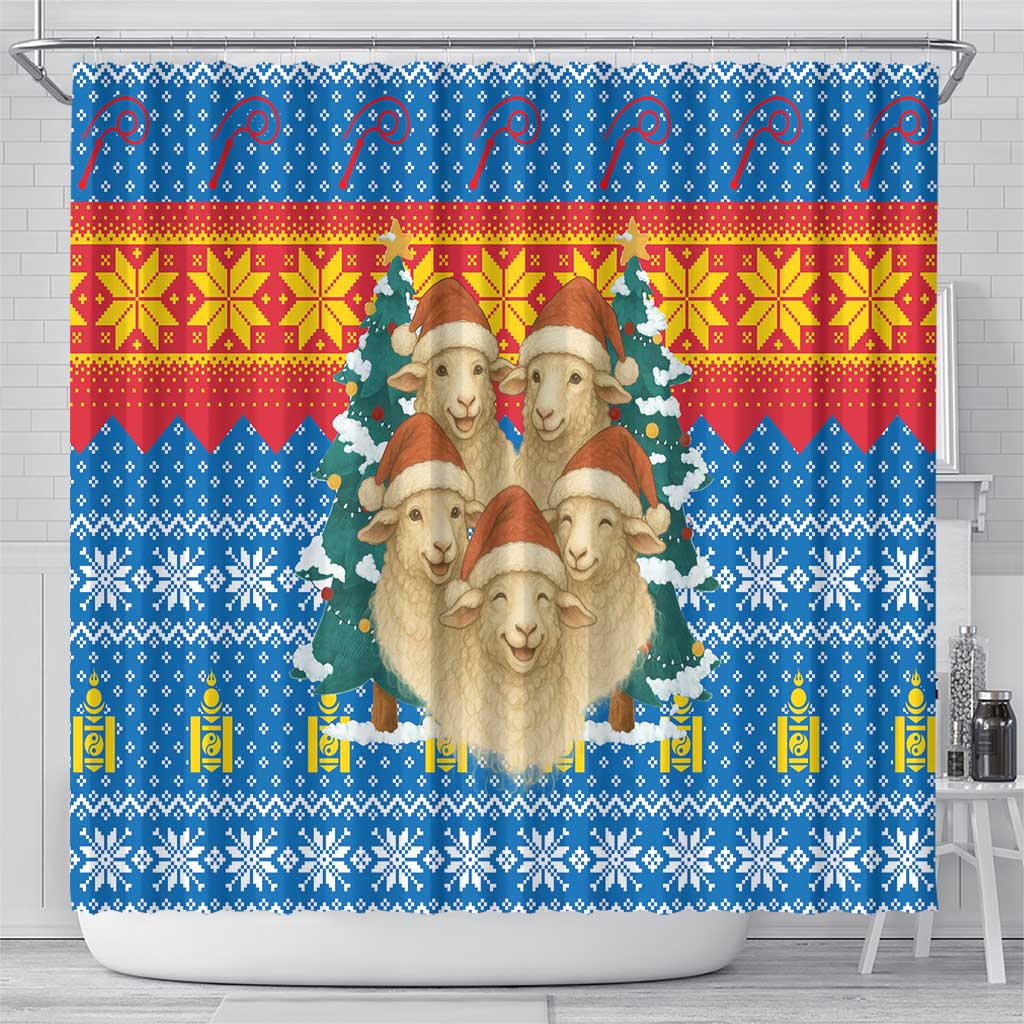 Mongolia Christmas Shower Curtain with Santa Sheep Christmas Trees and Snowflake - Wonder Print Shop