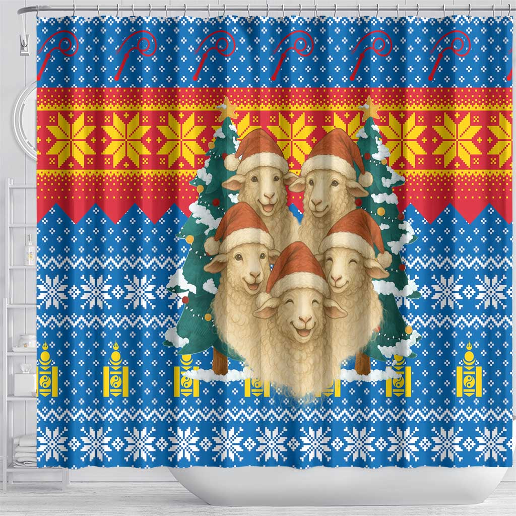 Mongolia Christmas Shower Curtain with Santa Sheep Christmas Trees and Snowflake - Wonder Print Shop