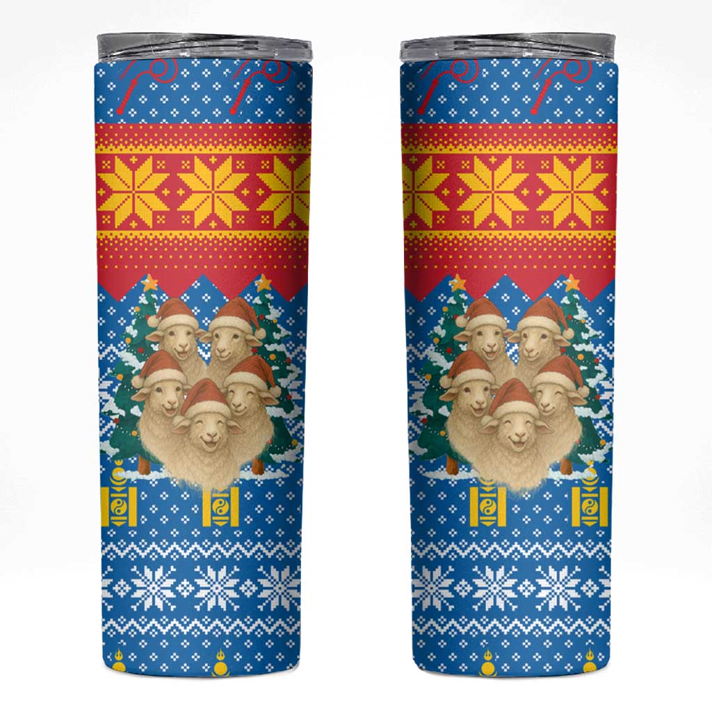 Mongolia Christmas Skinny Tumbler with Santa Sheep Christmas Trees and Snowflake - Wonder Print Shop