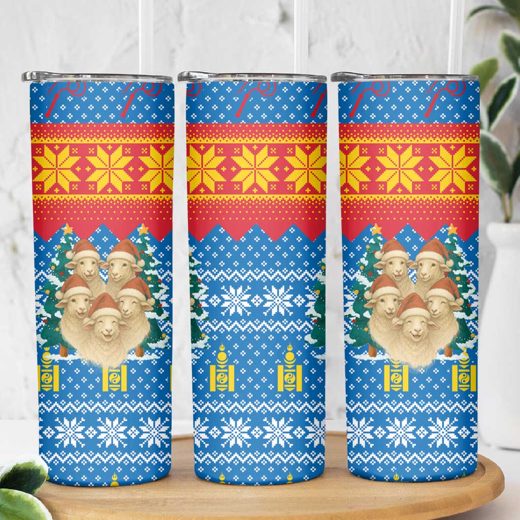 Mongolia Christmas Skinny Tumbler with Santa Sheep Christmas Trees and Snowflake - Wonder Print Shop