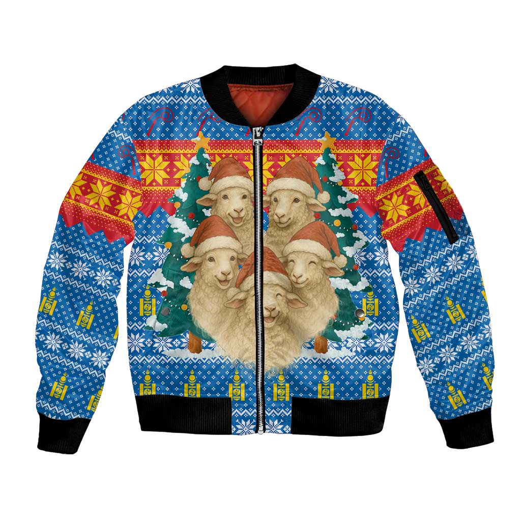 Mongolia Christmas Sleeve Zip Bomber Jacket with Santa Sheep Christmas Trees and Snowflake - Wonder Print Shop
