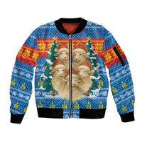 Mongolia Christmas Sleeve Zip Bomber Jacket with Santa Sheep Christmas Trees and Snowflake - Wonder Print Shop