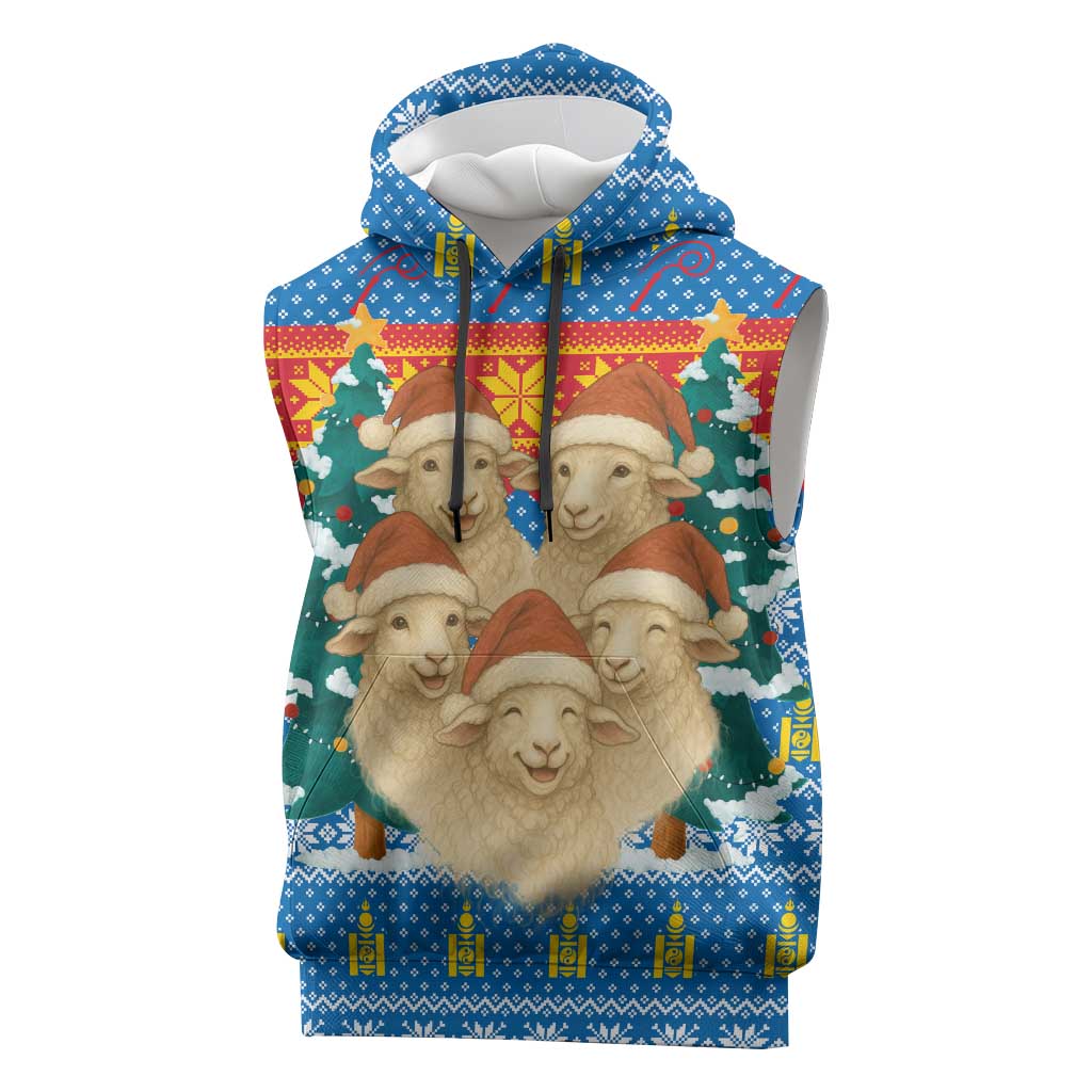 Mongolia Christmas Sleeveless Hoodie with Santa Sheep Christmas Trees and Snowflake - Wonder Print Shop