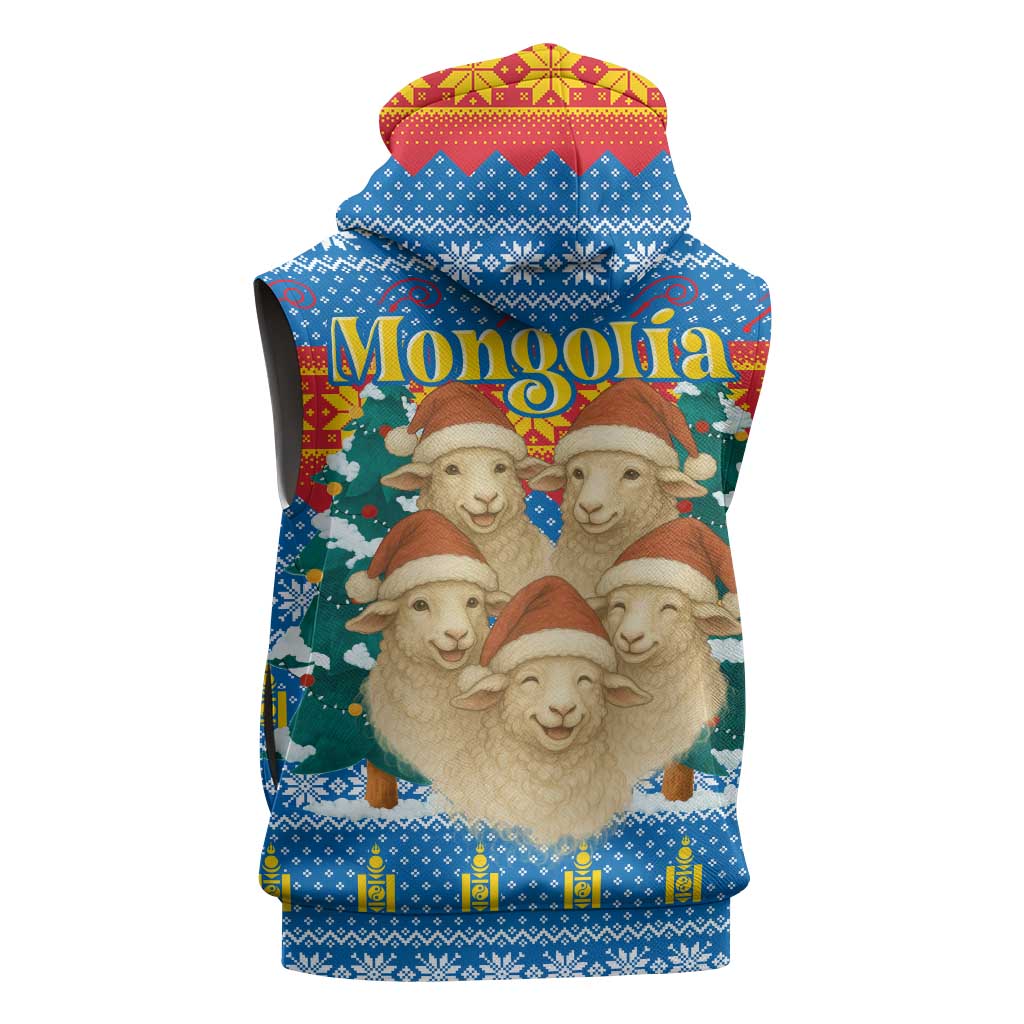 Mongolia Christmas Sleeveless Hoodie with Santa Sheep Christmas Trees and Snowflake - Wonder Print Shop