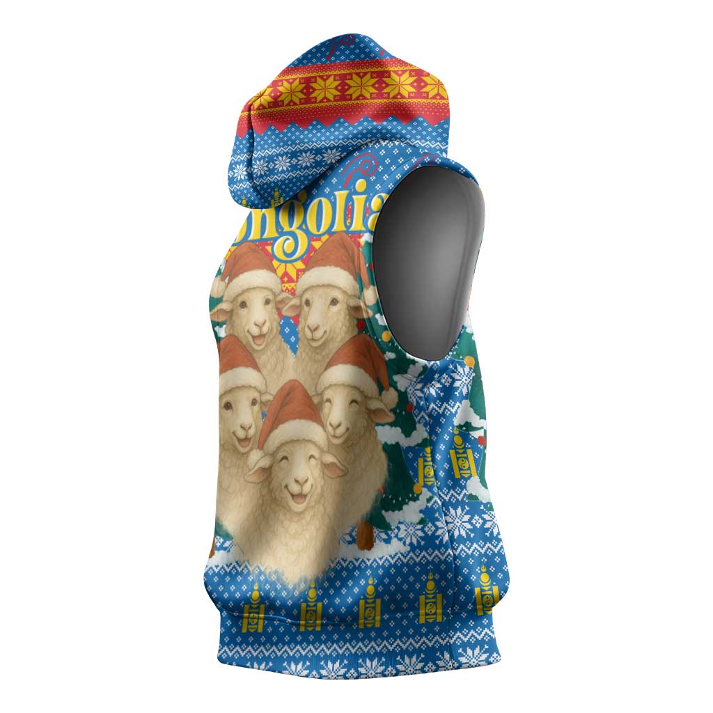 Mongolia Christmas Sleeveless Hoodie with Santa Sheep Christmas Trees and Snowflake - Wonder Print Shop