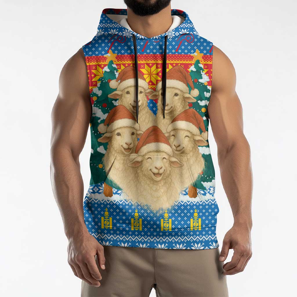 Mongolia Christmas Sleeveless Hoodie with Santa Sheep Christmas Trees and Snowflake - Wonder Print Shop