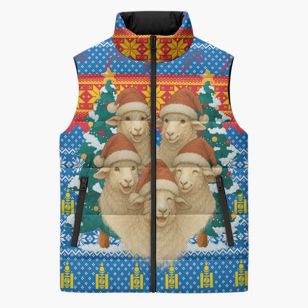 Mongolia Christmas Sleeveless Puffer Jacket with Santa Sheep Christmas Trees and Snowflake - Wonder Print Shop