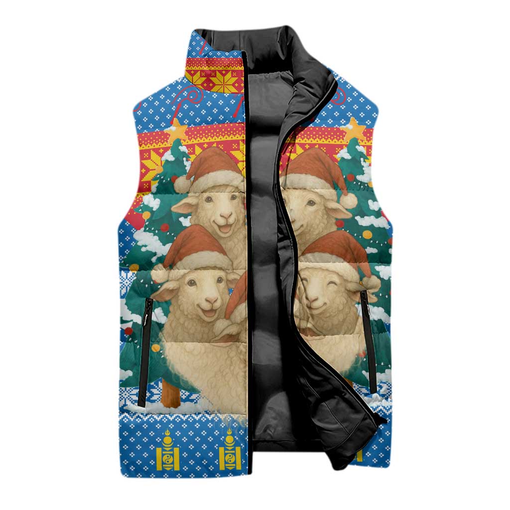 Mongolia Christmas Sleeveless Puffer Jacket with Santa Sheep Christmas Trees and Snowflake - Wonder Print Shop
