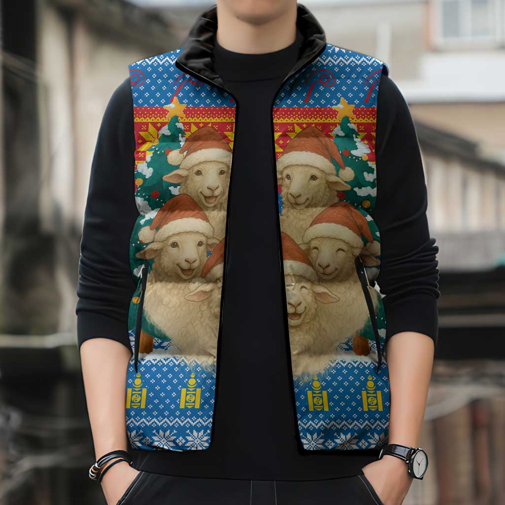 Mongolia Christmas Sleeveless Puffer Jacket with Santa Sheep Christmas Trees and Snowflake - Wonder Print Shop