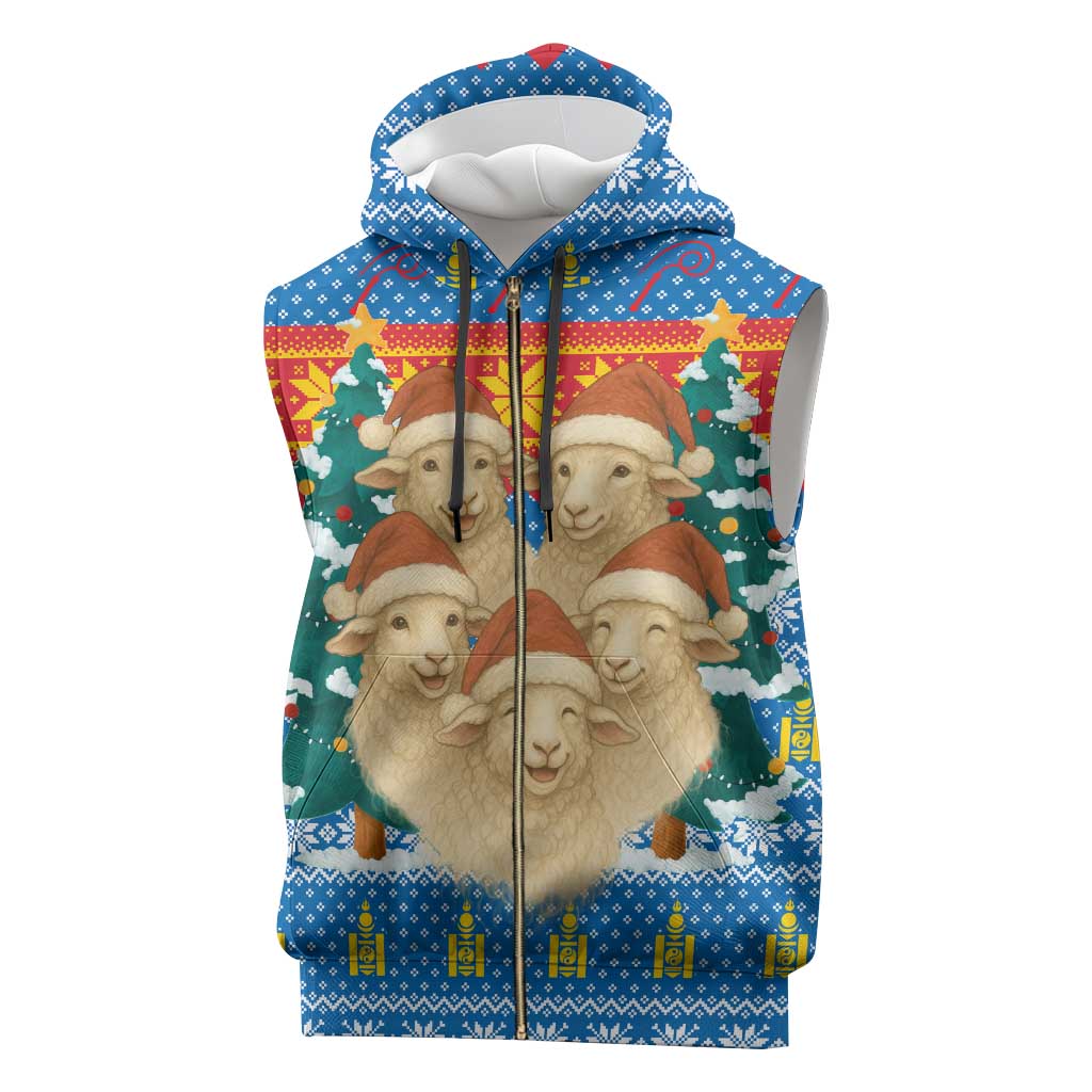 Mongolia Christmas Sleeveless Zip Hoodie with Santa Sheep Christmas Trees and Snowflake - Wonder Print Shop