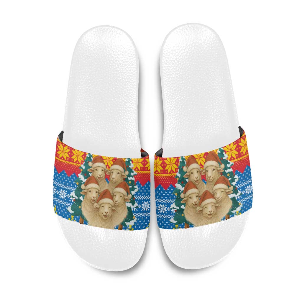 Mongolia Christmas Slide Sandals with Santa Sheep Christmas Trees and Snowflake - Wonder Print Shop