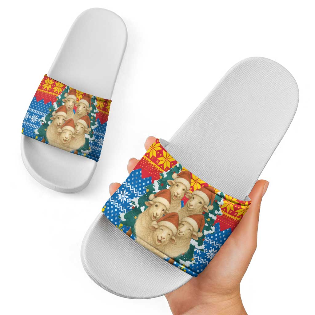 Mongolia Christmas Slide Sandals with Santa Sheep Christmas Trees and Snowflake - Wonder Print Shop