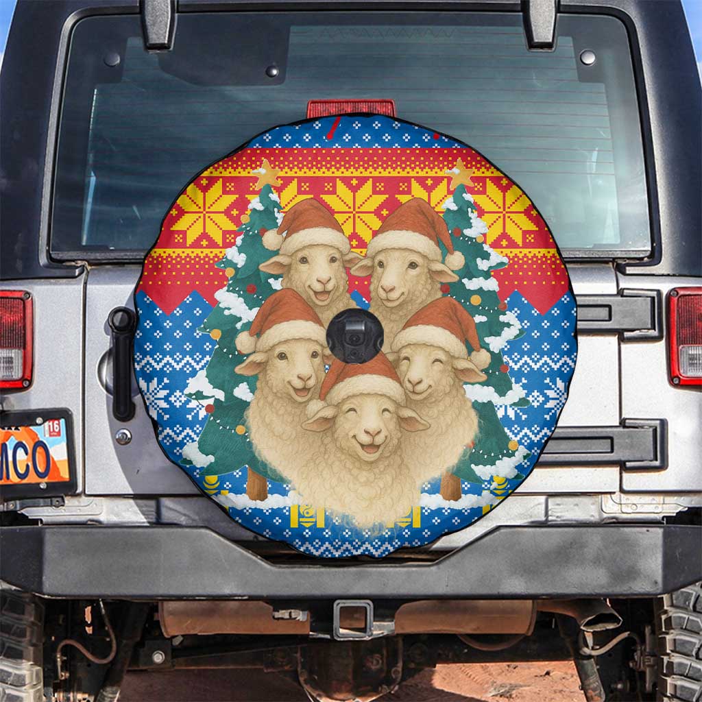Mongolia Christmas Spare Tire Cover with Santa Sheep Christmas Trees and Snowflake - Wonder Print Shop