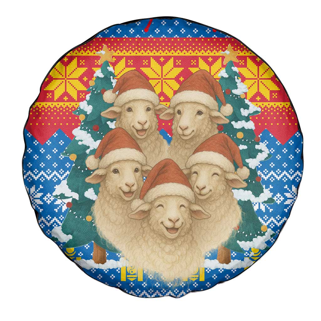 Mongolia Christmas Spare Tire Cover with Santa Sheep Christmas Trees and Snowflake - Wonder Print Shop