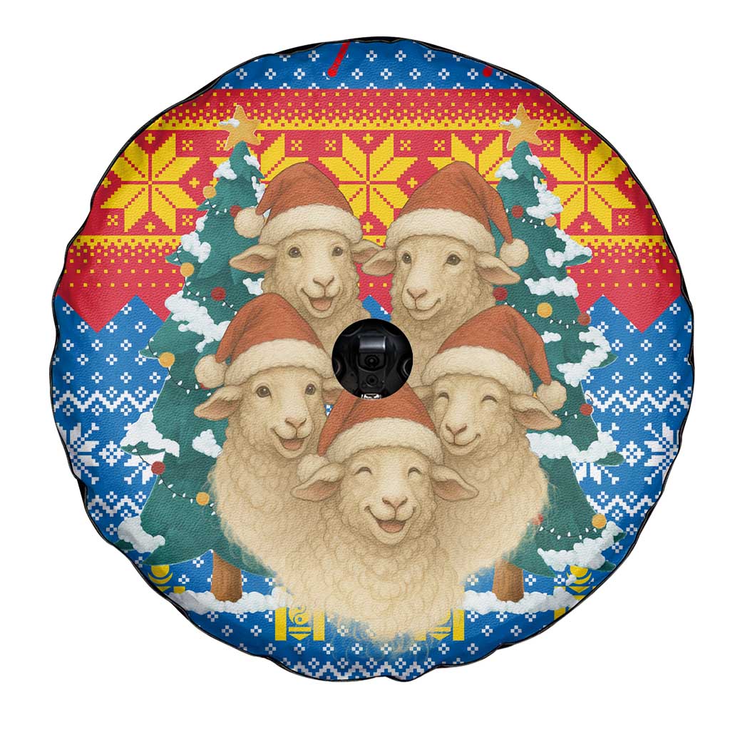 Mongolia Christmas Spare Tire Cover with Santa Sheep Christmas Trees and Snowflake - Wonder Print Shop