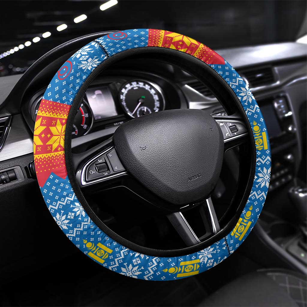 Mongolia Christmas Steering Wheel Cover with Santa Sheep Christmas Trees and Snowflake - Wonder Print Shop