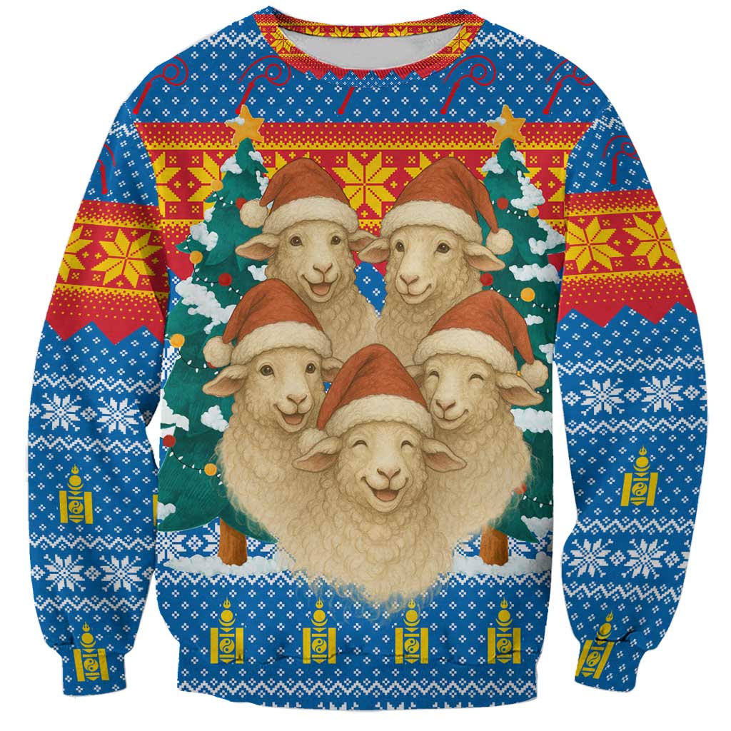 Mongolia Christmas Sweatshirt with Santa Sheep Christmas Trees and Snowflake - Wonder Print Shop