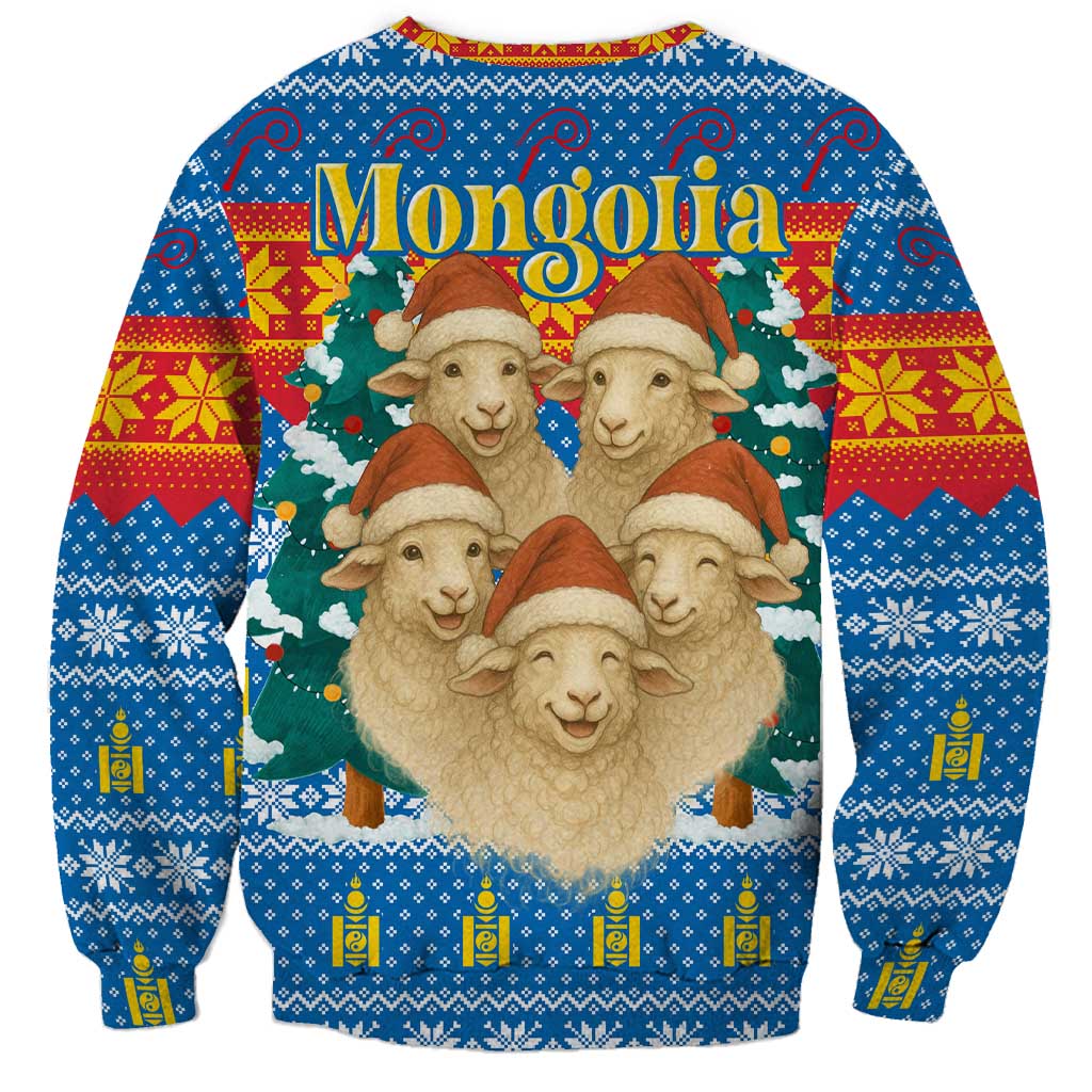 Mongolia Christmas Sweatshirt with Santa Sheep Christmas Trees and Snowflake - Wonder Print Shop