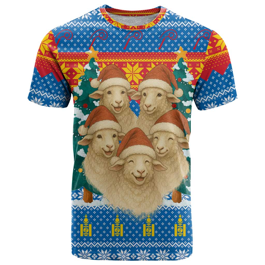 Mongolia Christmas T Shirt with Santa Sheep Christmas Trees and Snowflake - Wonder Print Shop