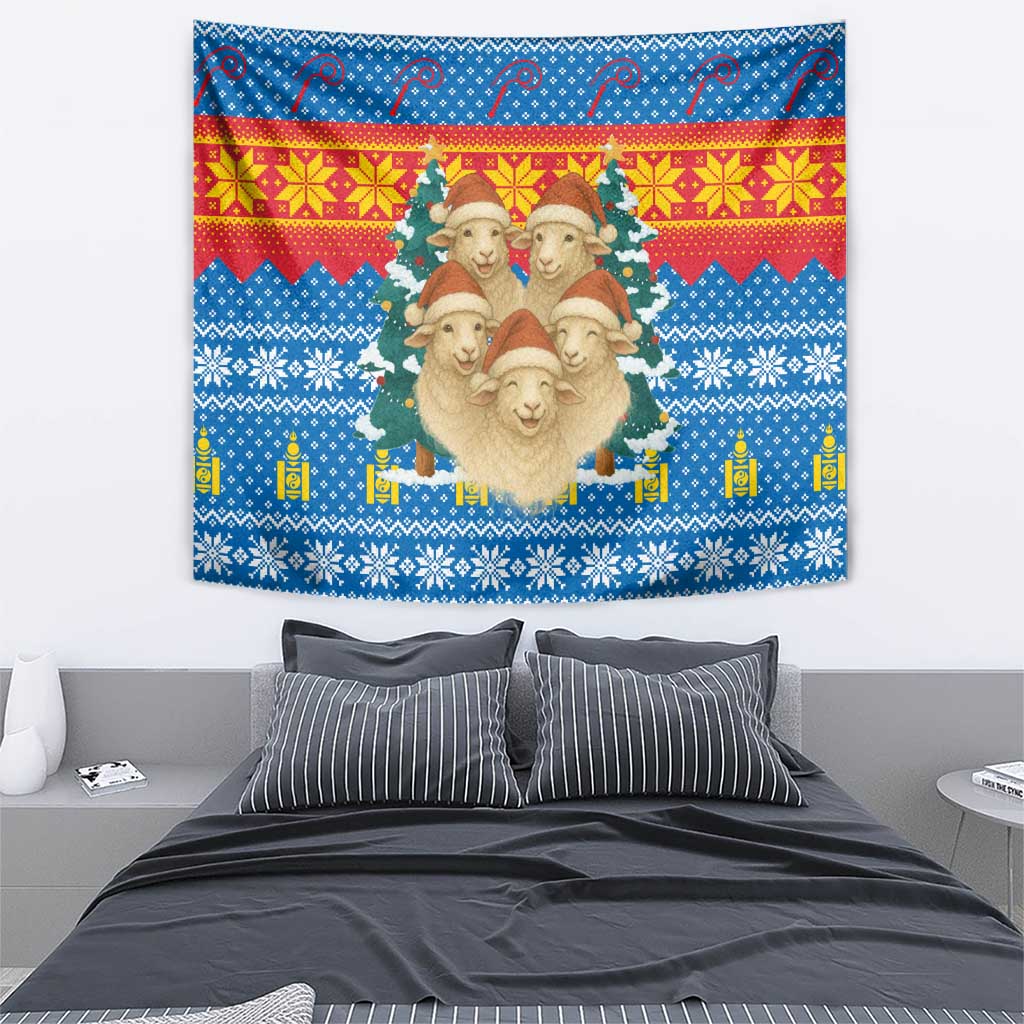 Mongolia Christmas Tapestry with Santa Sheep Christmas Trees and Snowflake - Wonder Print Shop