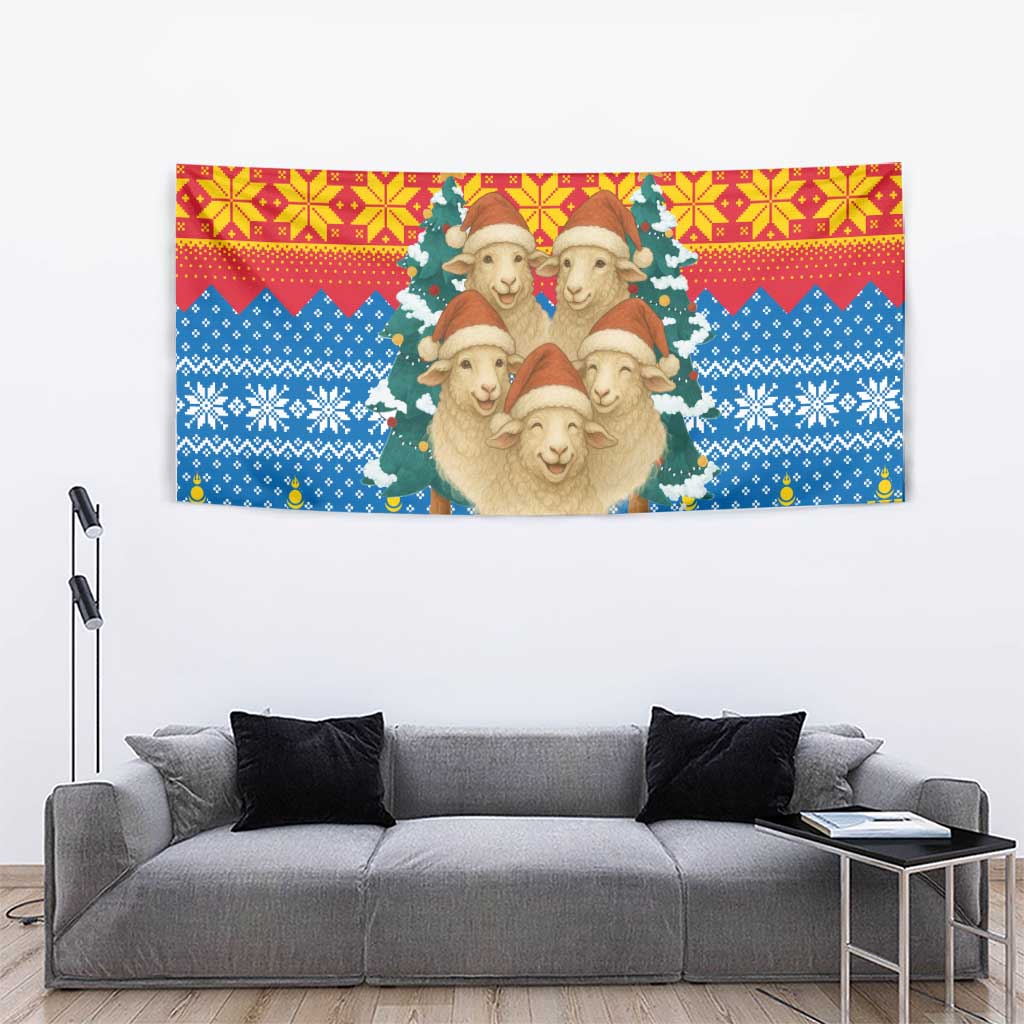 Mongolia Christmas Tapestry with Santa Sheep Christmas Trees and Snowflake - Wonder Print Shop