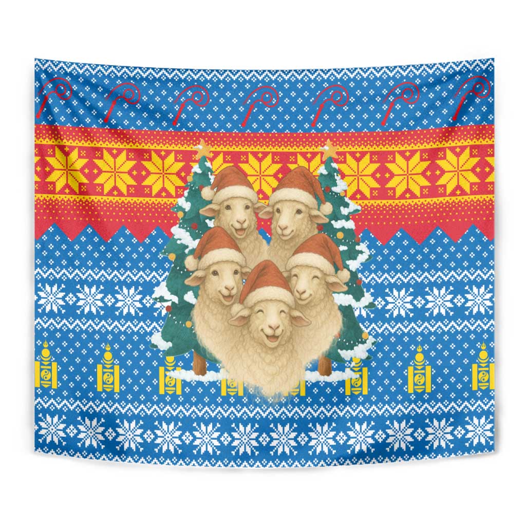 Mongolia Christmas Tapestry with Santa Sheep Christmas Trees and Snowflake - Wonder Print Shop