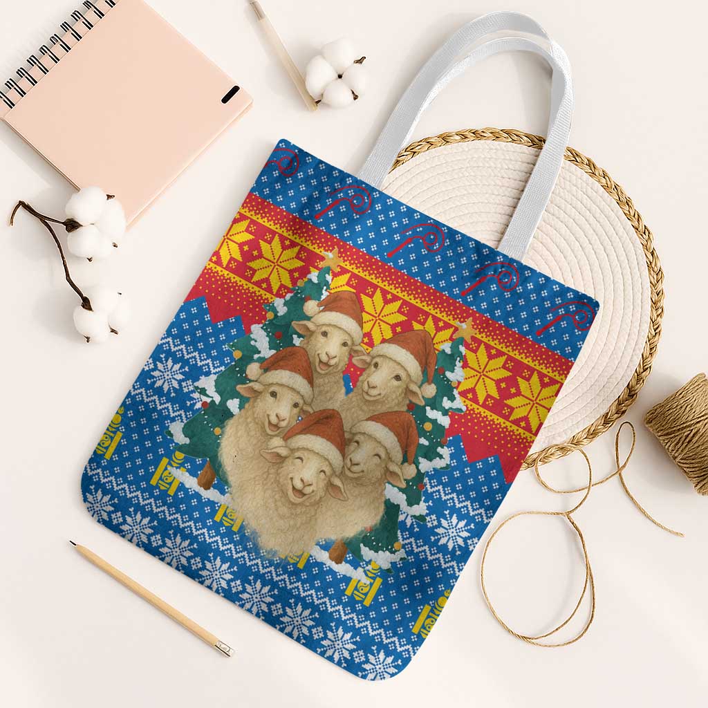 Mongolia Christmas Tote Bag with Santa Sheep Christmas Trees and Snowflake - Wonder Print Shop