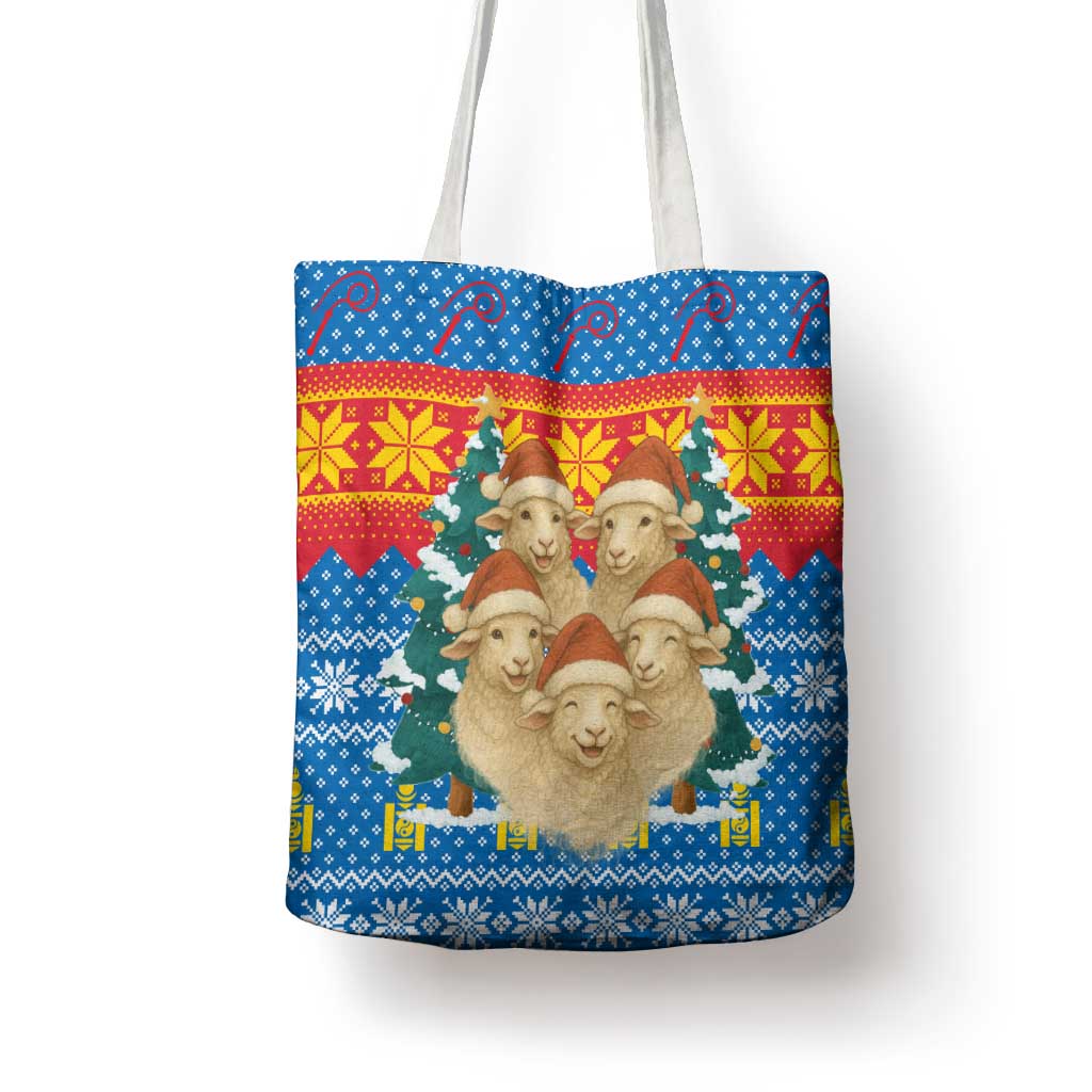 Mongolia Christmas Tote Bag with Santa Sheep Christmas Trees and Snowflake - Wonder Print Shop