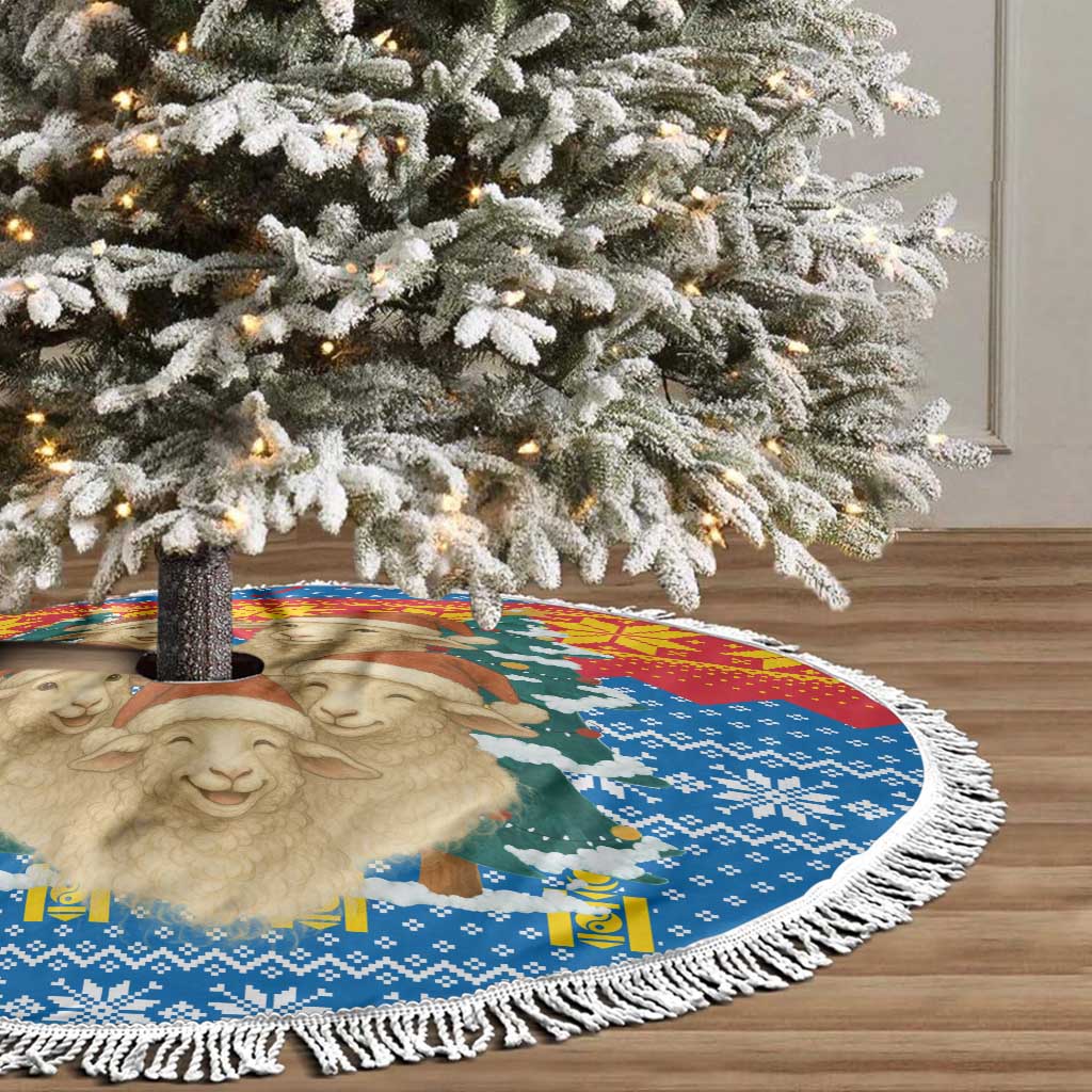 Mongolia Christmas Tree Skirt with Santa Sheep Christmas Trees and Snowflake - Wonder Print Shop