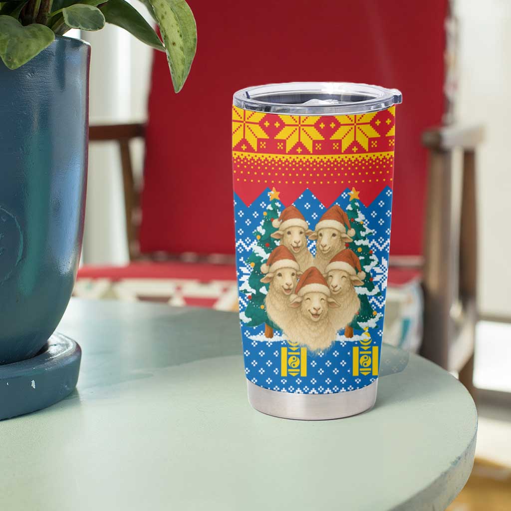 Mongolia Christmas Tumbler Cup with Santa Sheep Christmas Trees and Snowflake - Wonder Print Shop