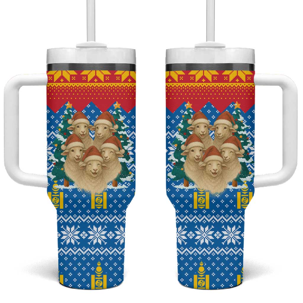 Mongolia Christmas Tumbler With Handle with Santa Sheep Christmas Trees and Snowflake - Wonder Print Shop