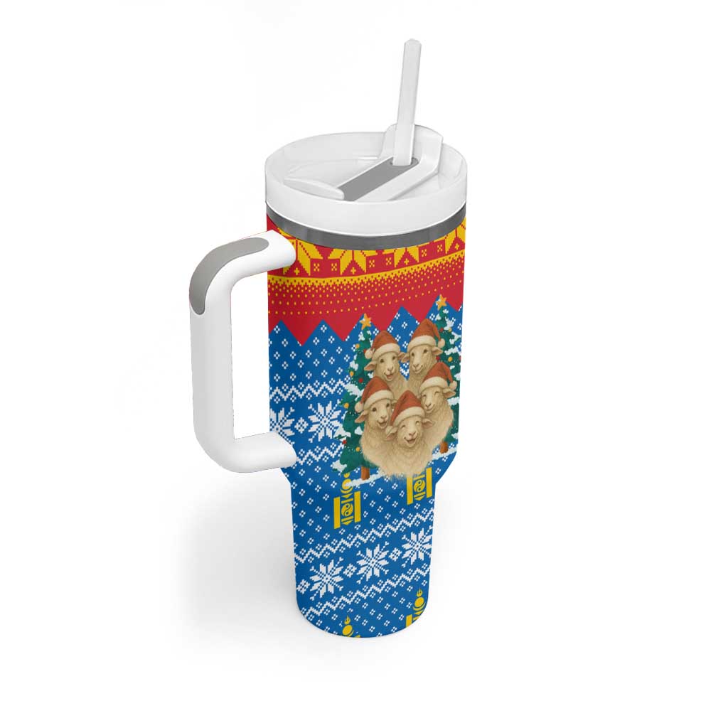 Mongolia Christmas Tumbler With Handle with Santa Sheep Christmas Trees and Snowflake - Wonder Print Shop
