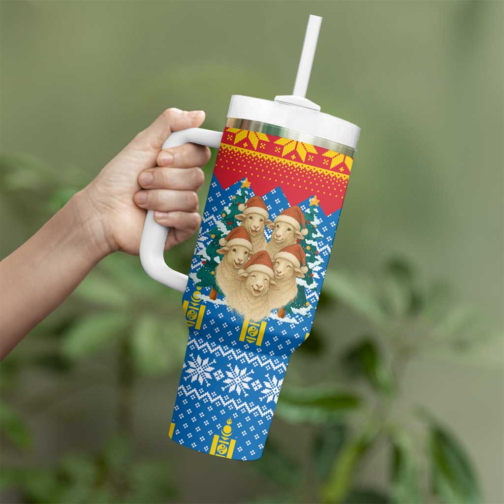 Mongolia Christmas Tumbler With Handle with Santa Sheep Christmas Trees and Snowflake - Wonder Print Shop