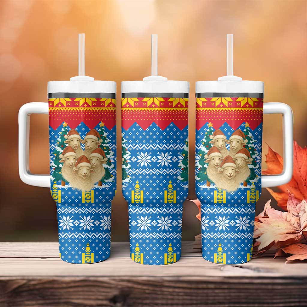 Mongolia Christmas Tumbler With Handle with Santa Sheep Christmas Trees and Snowflake - Wonder Print Shop