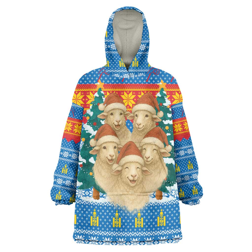Mongolia Christmas Wearable Blanket Hoodie with Santa Sheep Christmas Trees and Snowflake - Wonder Print Shop