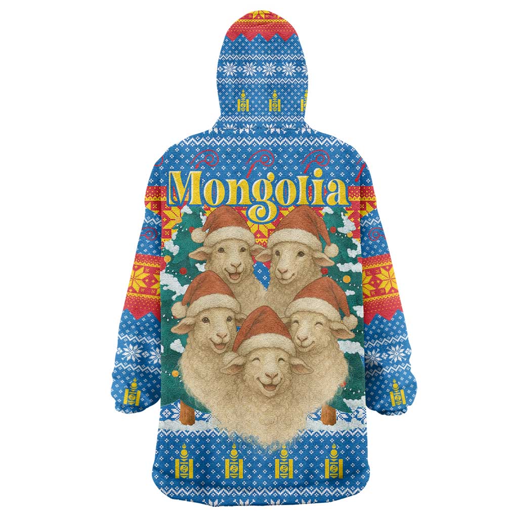Mongolia Christmas Wearable Blanket Hoodie with Santa Sheep Christmas Trees and Snowflake - Wonder Print Shop