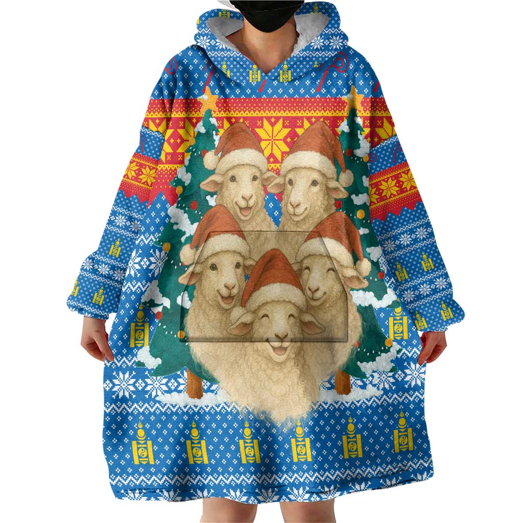 Mongolia Christmas Wearable Blanket Hoodie with Santa Sheep Christmas Trees and Snowflake - Wonder Print Shop