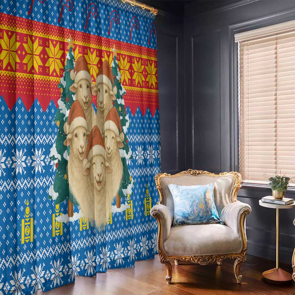 Mongolia Christmas Window Curtain with Santa Sheep Christmas Trees and Snowflake - undefined