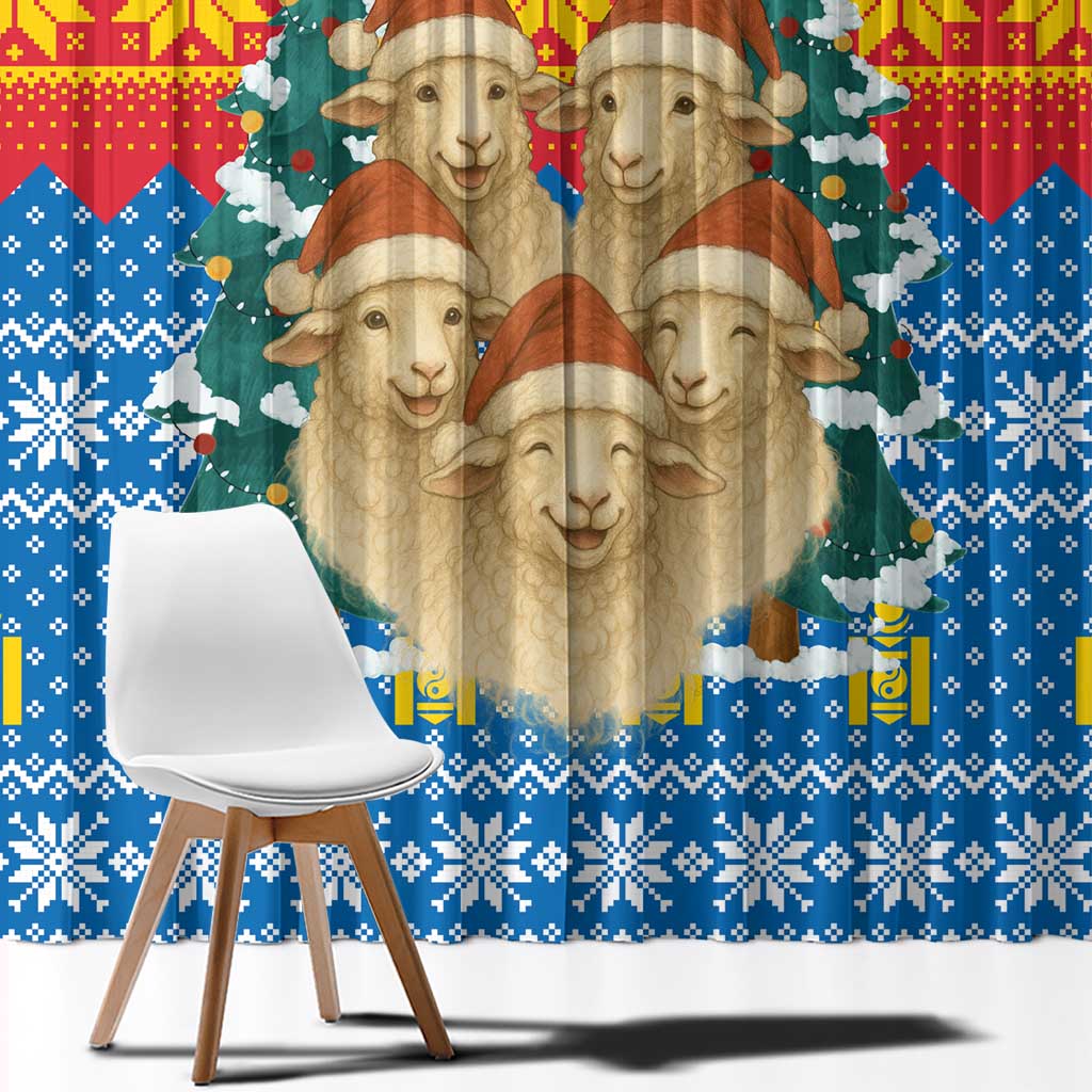 Mongolia Christmas Window Curtain with Santa Sheep Christmas Trees and Snowflake - undefined