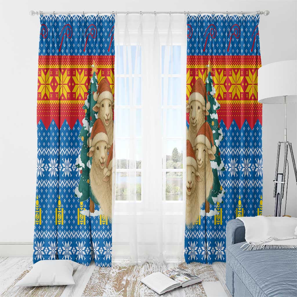 Mongolia Christmas Window Curtain with Santa Sheep Christmas Trees and Snowflake - undefined
